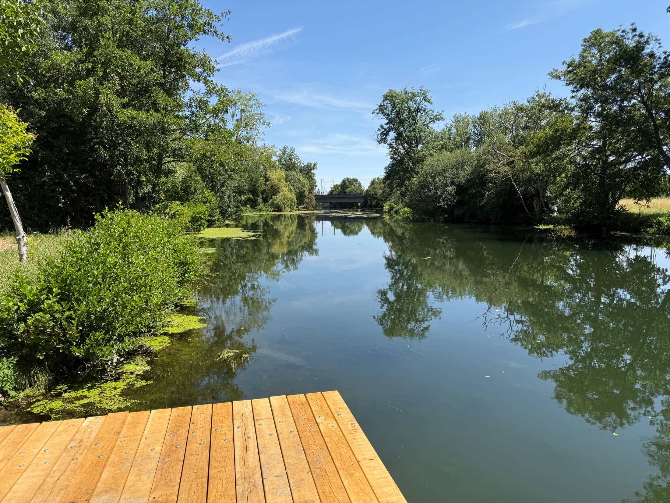 Ponton privatif du chalet : les planches en bois au premier plan, le Loir calme et bordé d'arbres jusqu'au pont